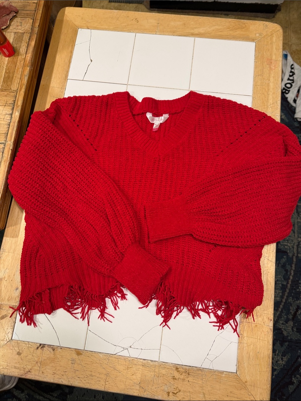 No Boundaries Red V-Neck Fringe Knit Sweater